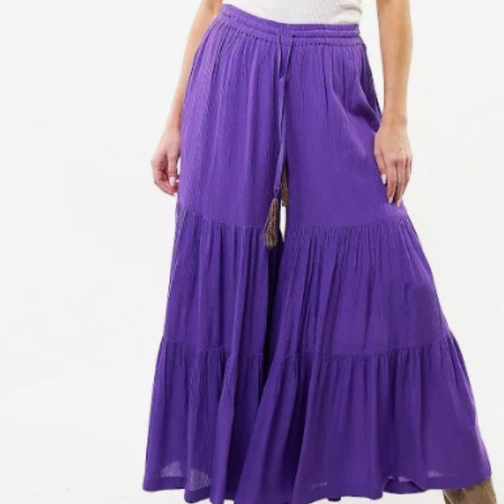 ARATTA Purple Dream Tiered Hem  Palazzo Wide Leg Pants Boho Festival Gauzy Med
